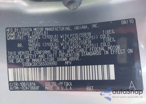 2011 Toyota Sienna Xle z USA, uszkodzony, nr VIN 5TDDK3DC5BS009990